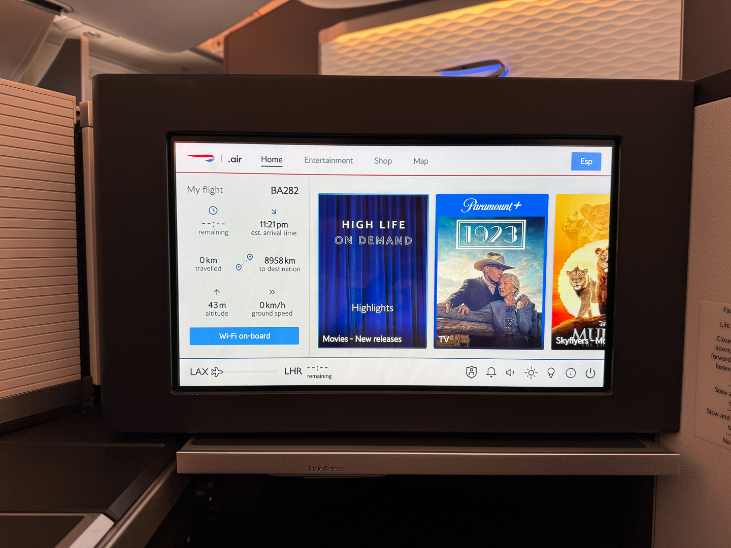 In-flight business class entertainment on BA.