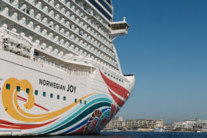 Norwegian Joy cruise ship at sea, from the sea